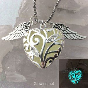 Flying Heart of Winter with Rose Wings Necklace